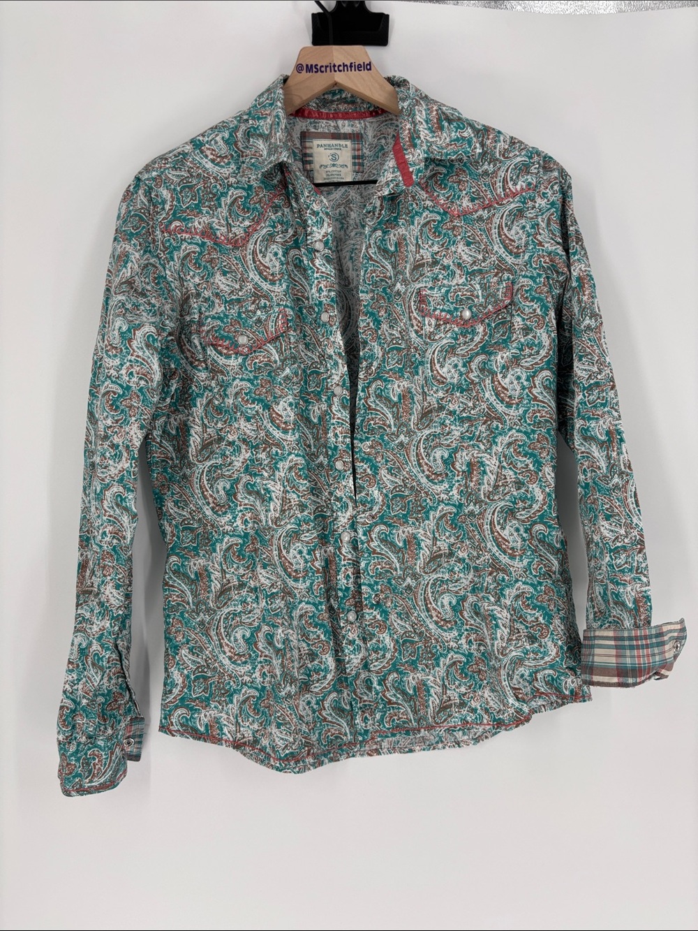 Panhandle rough stock small teal print pearl snap shirt
